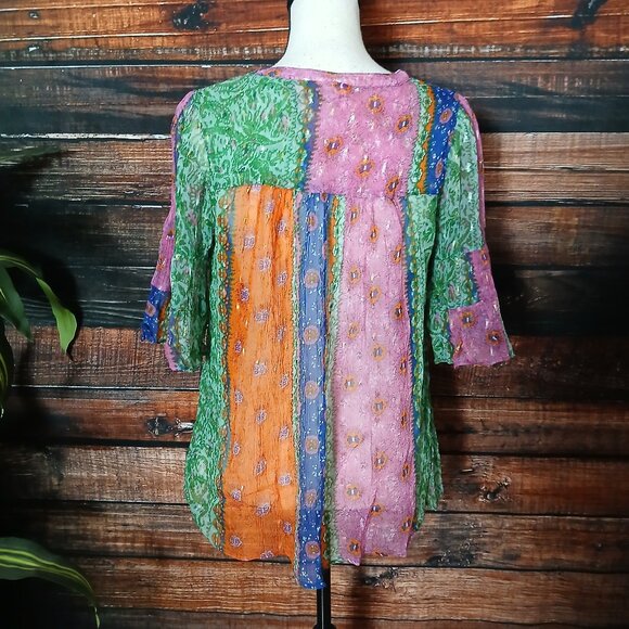 Anthropologie Akemi + Kin Peasant Top S Sheer Lyocell Bell Sleeve Patchwork - Picture 4 of 9